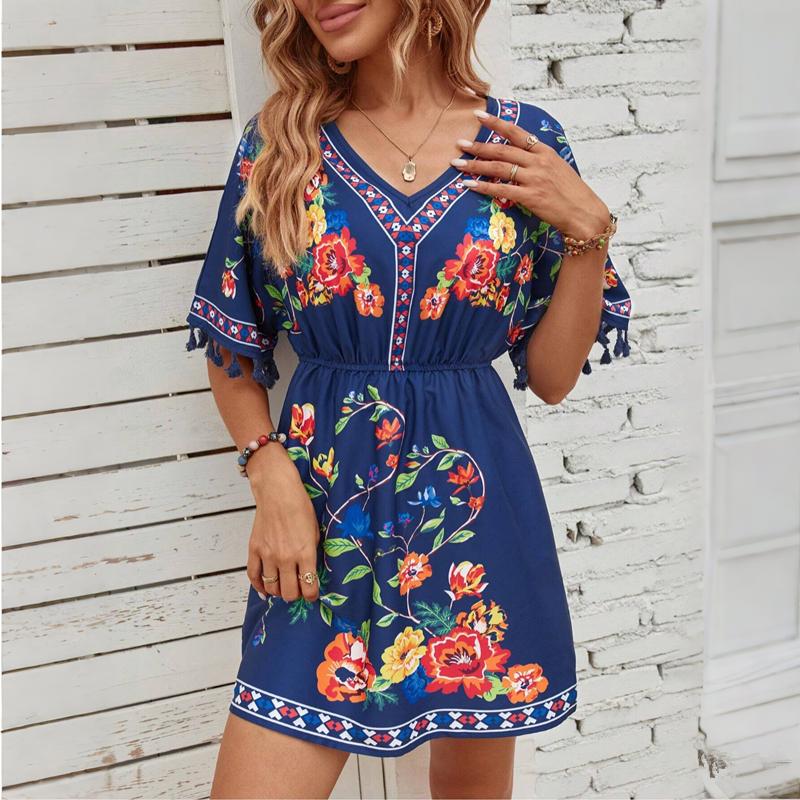 Sommer Neue Mode Vestidos Damen Lässig Sexy Große Größen Vintage Strand Kurzarm Druck Mini Kleid S-2XL