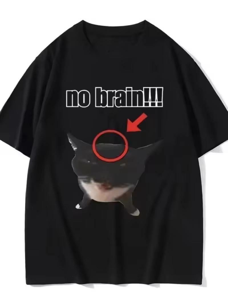 

Novelty Creativity Throwing Brick T Shirts Meme No Brain Cat Tee Women Unisex Cotton Summer Harajuku Oversized Loose Streetwear Top S