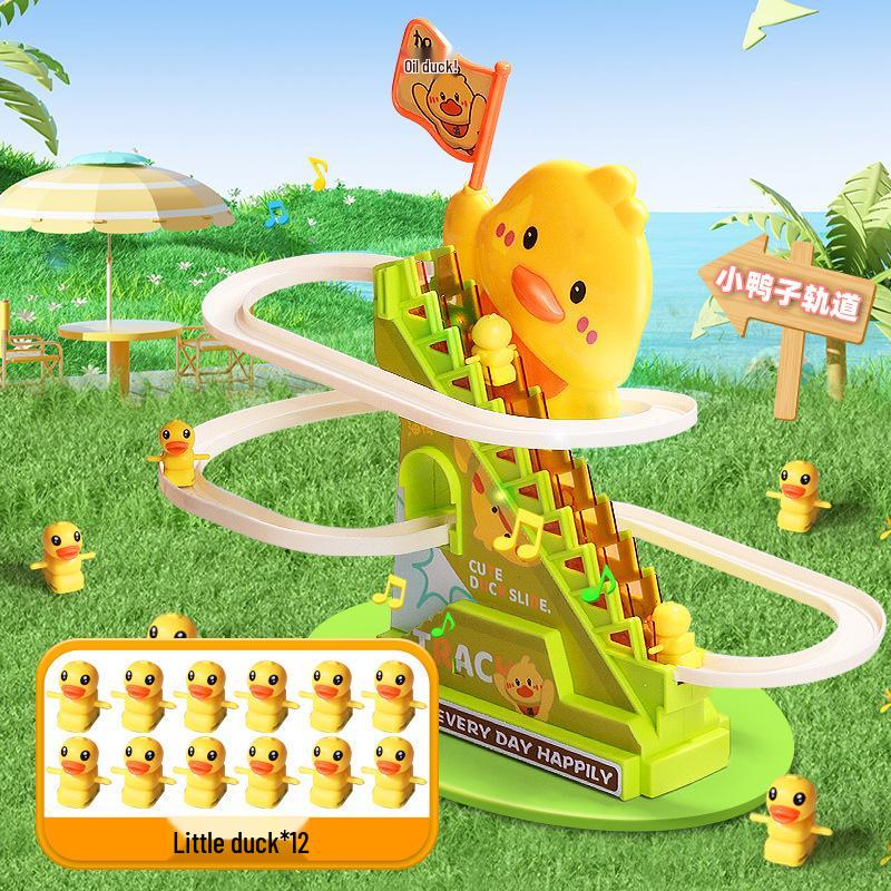 

Игрушка «Утка, машущая флагом, поднимающаяся по лестнице» со светом и музыкой для тренировки удержания головы у детей и развивающей сборки.