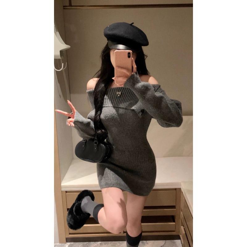 Autumn and Winter Off-the-shoulder Knitted Sweater Dress Women New Elegant Long Sleeve Hip-wrapped Waist Bodycon Party Short Dresses Clothing 2222