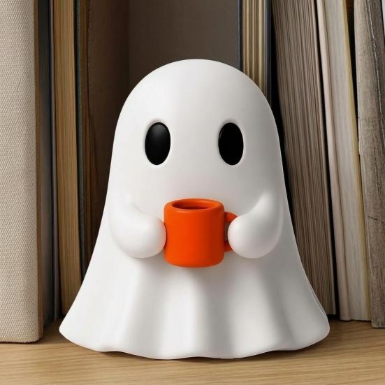 Halloween Home Decor Ghost Drinking Coffee Figurine, 3D Printed Cute White Holding A Mug Party Supplies Statue, Spooky Decoration for Bars, Counters,