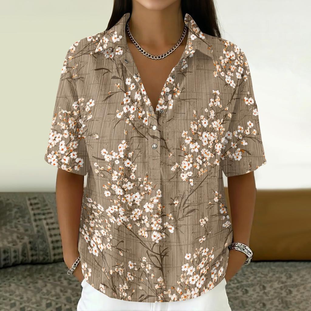 Damen Vintage Blumenprint Kurzarmhemd Lockerer Schnitt Knopfleiste Kragen Freizeitbluse Leichtes Atmungsaktives Gewebe