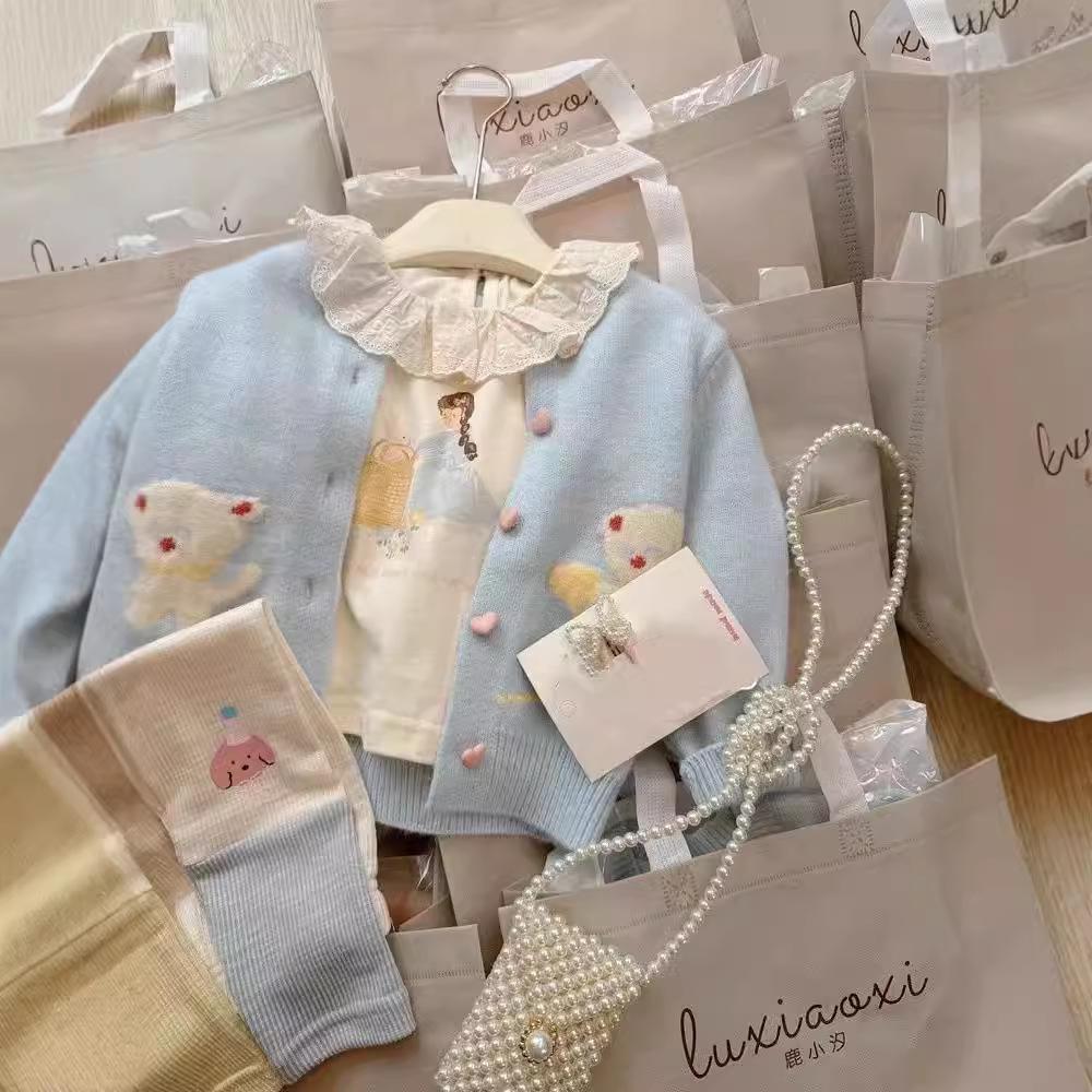 2024 Autumn Korean Style Girls' Rabbit Knit Cardigan & Sweater Set