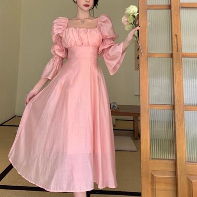 Vestido midi com manga bufante e costas doces primavera, vestido feminino outono rosa, elegante, chiffon, vestidos longos femininos