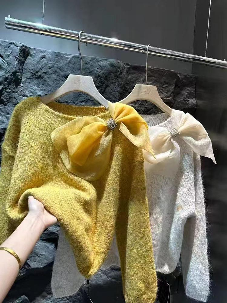 Elegant Bow Knit Sweater - Women's Fashionable Autumn/Winter Base Layer Knitwear
