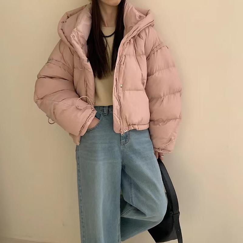 Premium hooded down jacket women's short 2024 winter thickened solid color loose white duck down small man bread jacket