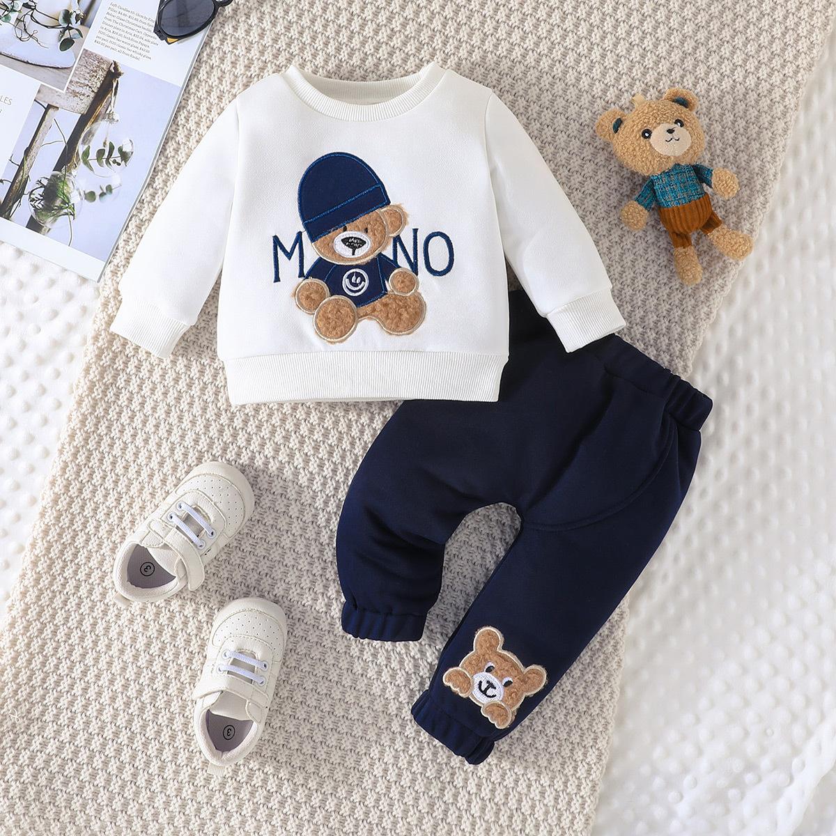 

Children s Wear Autumn and Winter New Cartoon Letter Hat Bear Embroidered Sweatshirt Pants Two-piece Set 18-24M темно-синього кольору