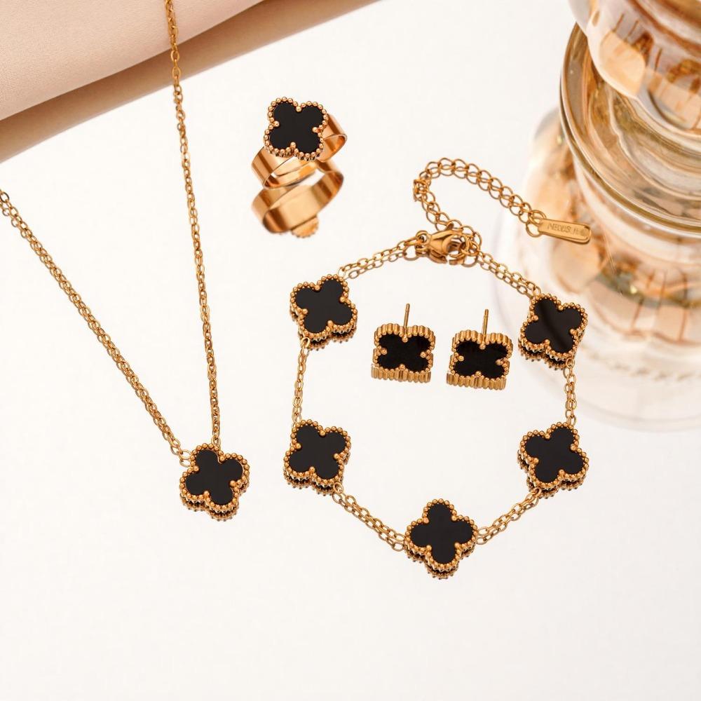 Titanium Steel Colorfast Necklace Set for Women Fashionable Four-leaf Clover Bracelet Necklace Earrings and Rings
