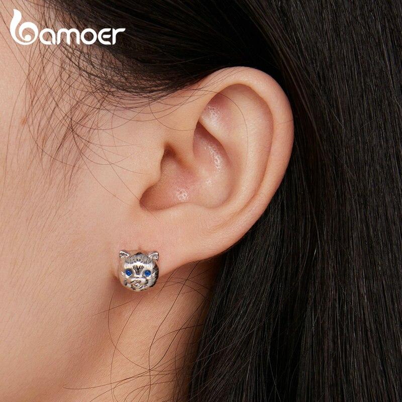 BAMOER 925 Sterling Silver Cute Cat Stud Earrings Blue Spinel Earrings for Women Birthday Gift Fine Jewelry