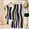 Women Plus Size Round Neck Short Sleeve Knot Hem Red White Striped Printed Two Piece Pants Set