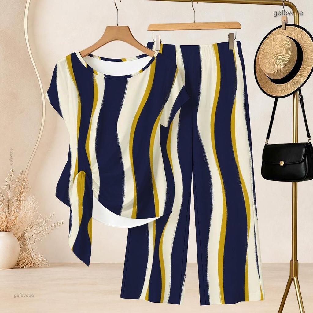Women Plus Size Round Neck Short Sleeve Knot Hem Red White Striped Printed Two Piece Pants Set