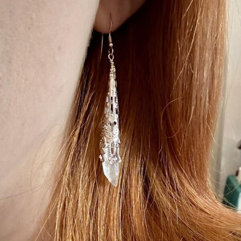 Retro Silver Color Filigree Long Crystal Dangle Earrings for Women Halloween Fantasy Elf Witchy Fairy Cosplay Jewelry Party Gift