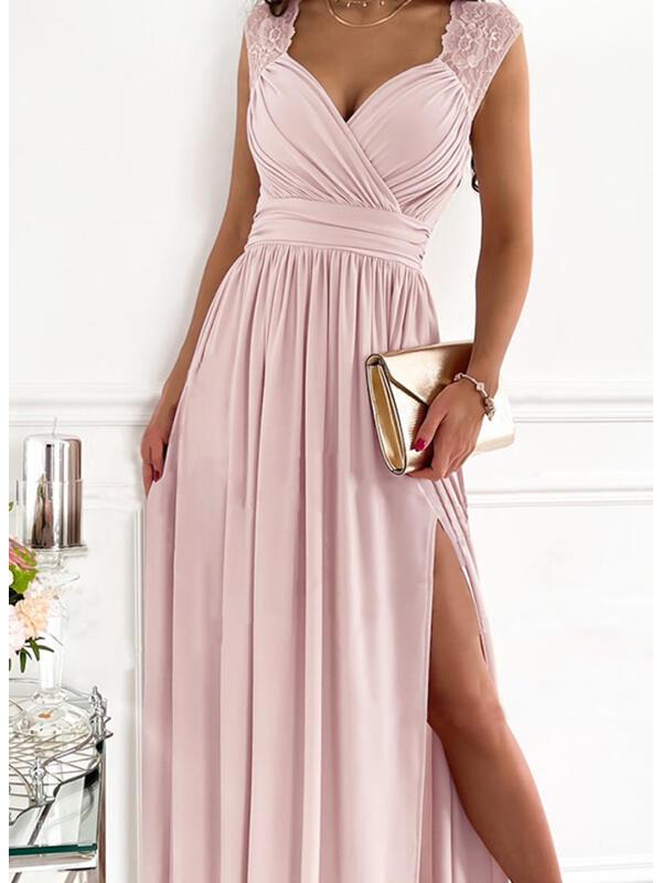 

2023 Элегантное европейское и американское сексуальное плиссированное лоскутное вечернее платье с разрезом XXX-Large розовый