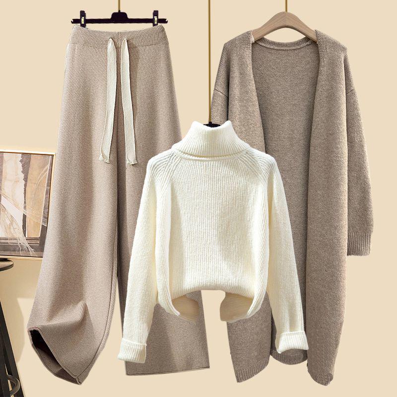 Autumn 2025 Knit Cardigan Set with High-Neck Sweater & Wide-Leg Pants