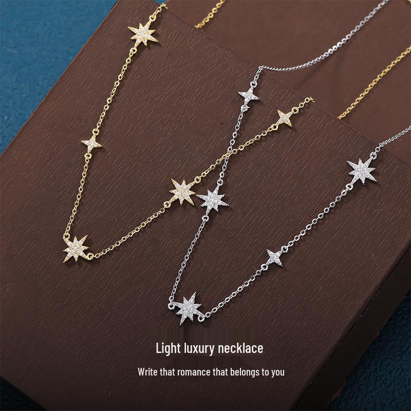 Opal Inlaid Sterling Silver Four-Pointed Star Tassel Necklace - Versatile Clavicle Chain Christmas Gift