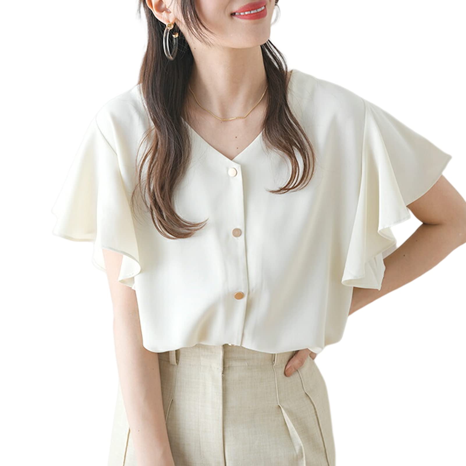 

Meme Extra Blouse for Short Short Sleeve Flared Cut and Summer Large Loose Front XL [MEME XTRA] Women, Sleeve, Summer, Spring, V-neck, T-shirt, белый