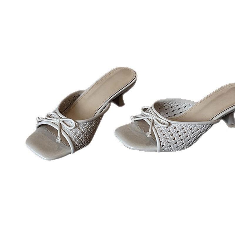 New Style of Woven Shoes with Hollowed-out One-shoulder Square Toe High Heels