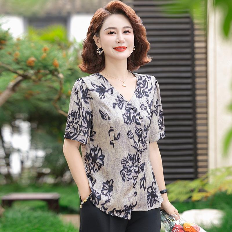 

Модная летняя футболка с коротким рукавом 2025 - Омолаживающий китайский принт для женщин среднего возраста 5XL