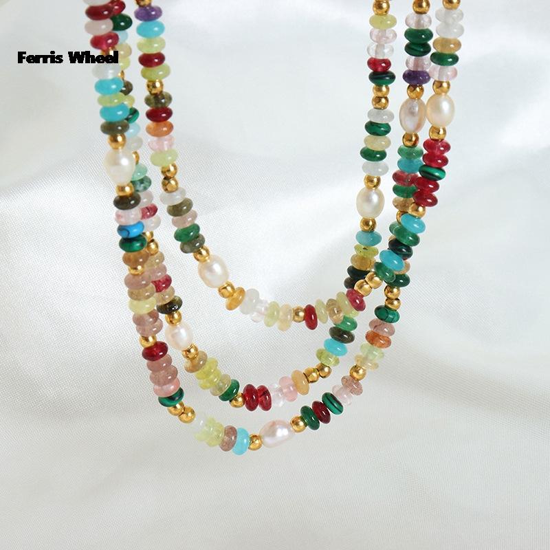 Lucky Star Jewelry Women's Freshwater Pearl Necklace Colorful Natural Stones Beaded Stainless Steel Two Pieces Set Charm Zircon
