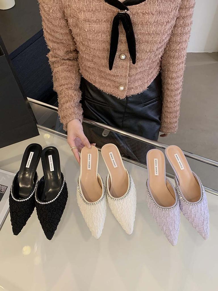 fashion Fashion Women Slides Slippers Pointed Toe Summer Outside Mules Shoes Thin Low Heeled Rhinestone Chain Casual Slip On Pumps 35-39