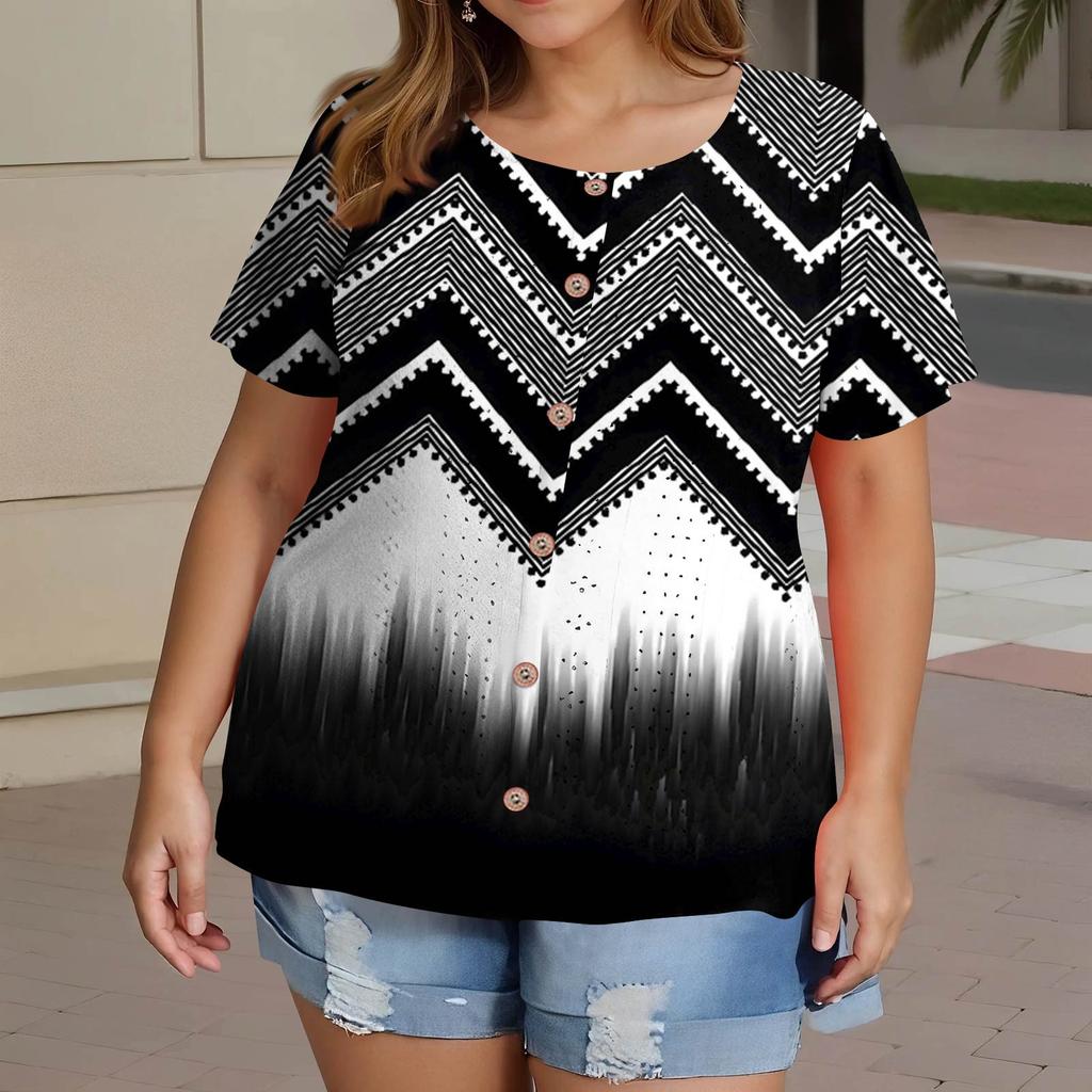 Plus Size Women's Fashion Casual Vintage Printed O-Neck Short Sleeve Button T-Shirt Top