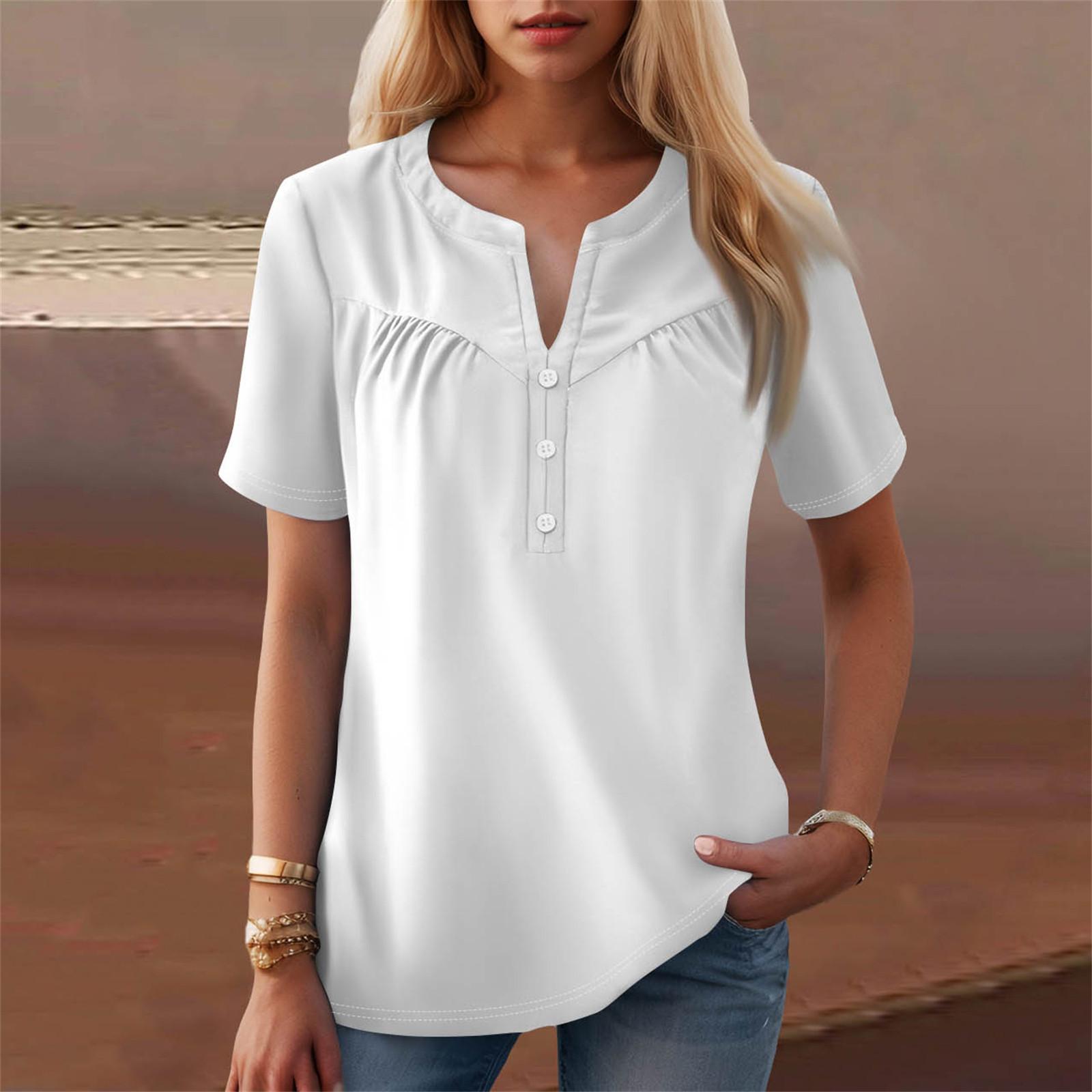 

Жіноча повсякденна футболка з V-подібним вирізом і короткими рукавами з квітковим принтом і декоративними ґудзиками XL білий