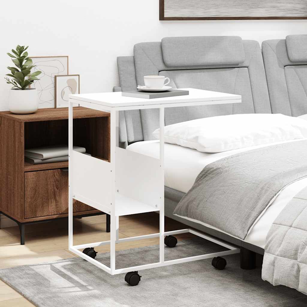 Side Table with Casters White 55 x 36 x 63.5 cm Engineered Wood