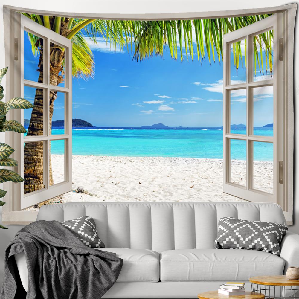 Faux Window Beach Sun Forest Painting Tapestry Wall Hanging Boho Psychedelic Home Decor