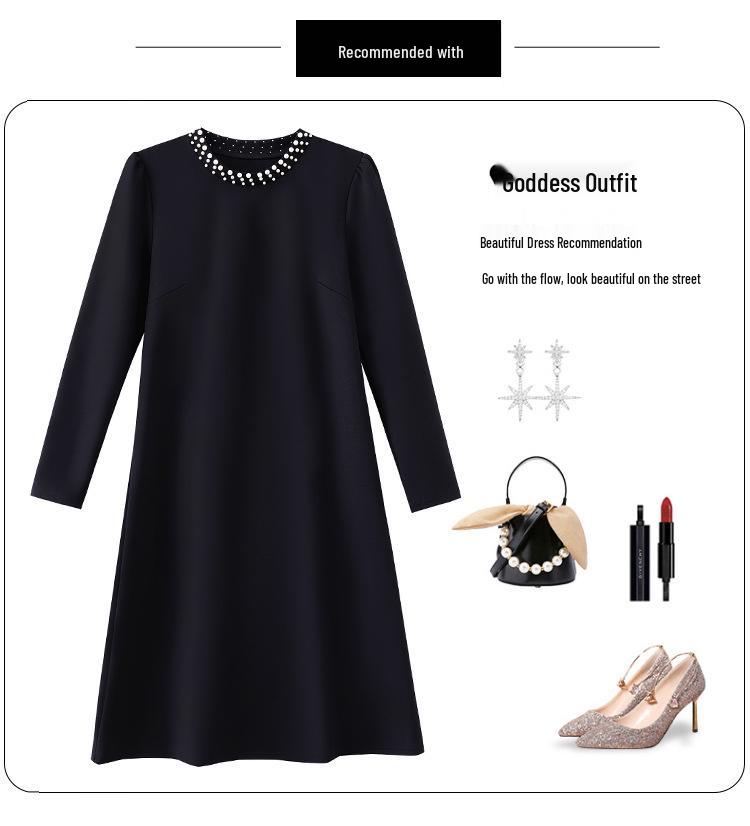 Hepburn Style Women's Elegant Black Midi Dress - Versatile Long Sleeve for Spring/Autumn 2026