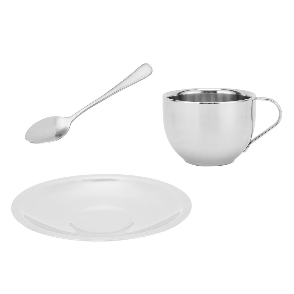 Kaffeetasse Edelstahl Doppelschicht Isolierung Milchbecher mit Löffel Untertasse Haushalt(Silber 180ML)