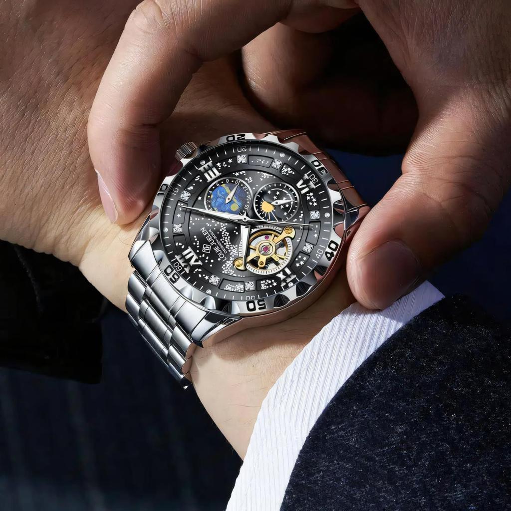 Luxury Automatic Mechanical Men Watch Fashion Moon Phase Business Watches Hollow Tourbillon Stainless Steel Men Wristwatch