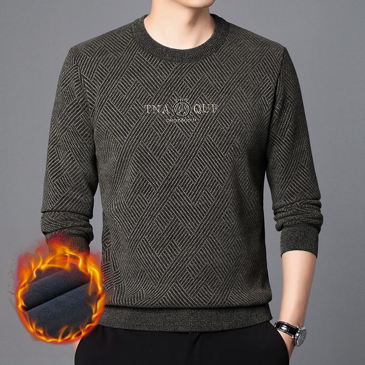 Men s Thick Chenille Fleece-Lined Round Neck Sweater – Casual Winter Knit Base Layer 3XL хаки
