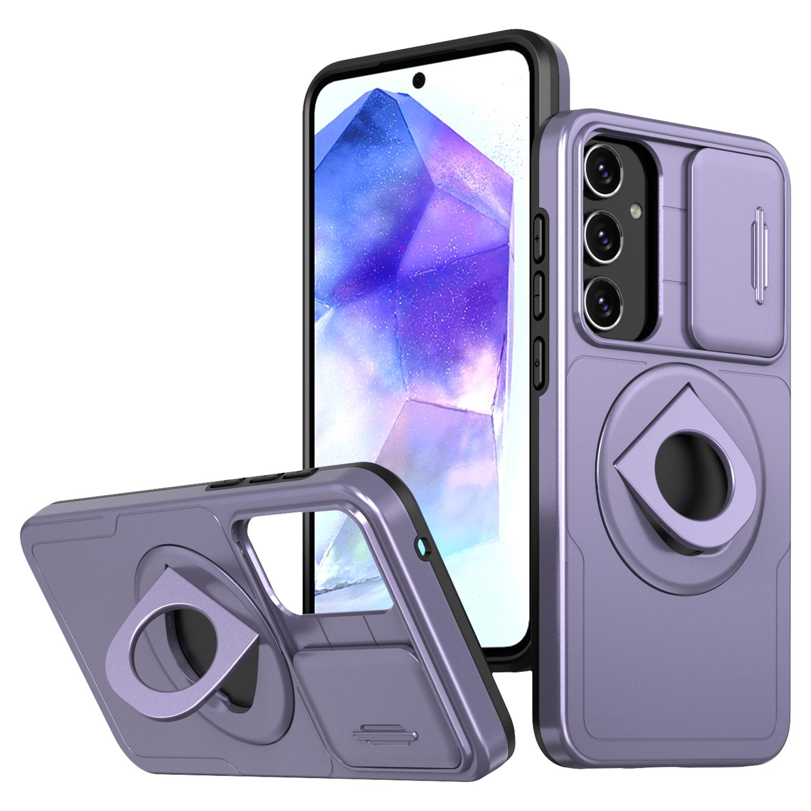 

For Samsung Galaxy A55 5G Case Magnetic Kickstand TPU+PC Phone Cover with Slide Lens Lid Purple