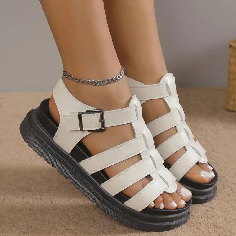 Fashion Women Sandals 2025 Summer Toe Buckle Openwork Braided Gears Platform Sandals Female PU Leather Roman Beach Black Hollow Shoes