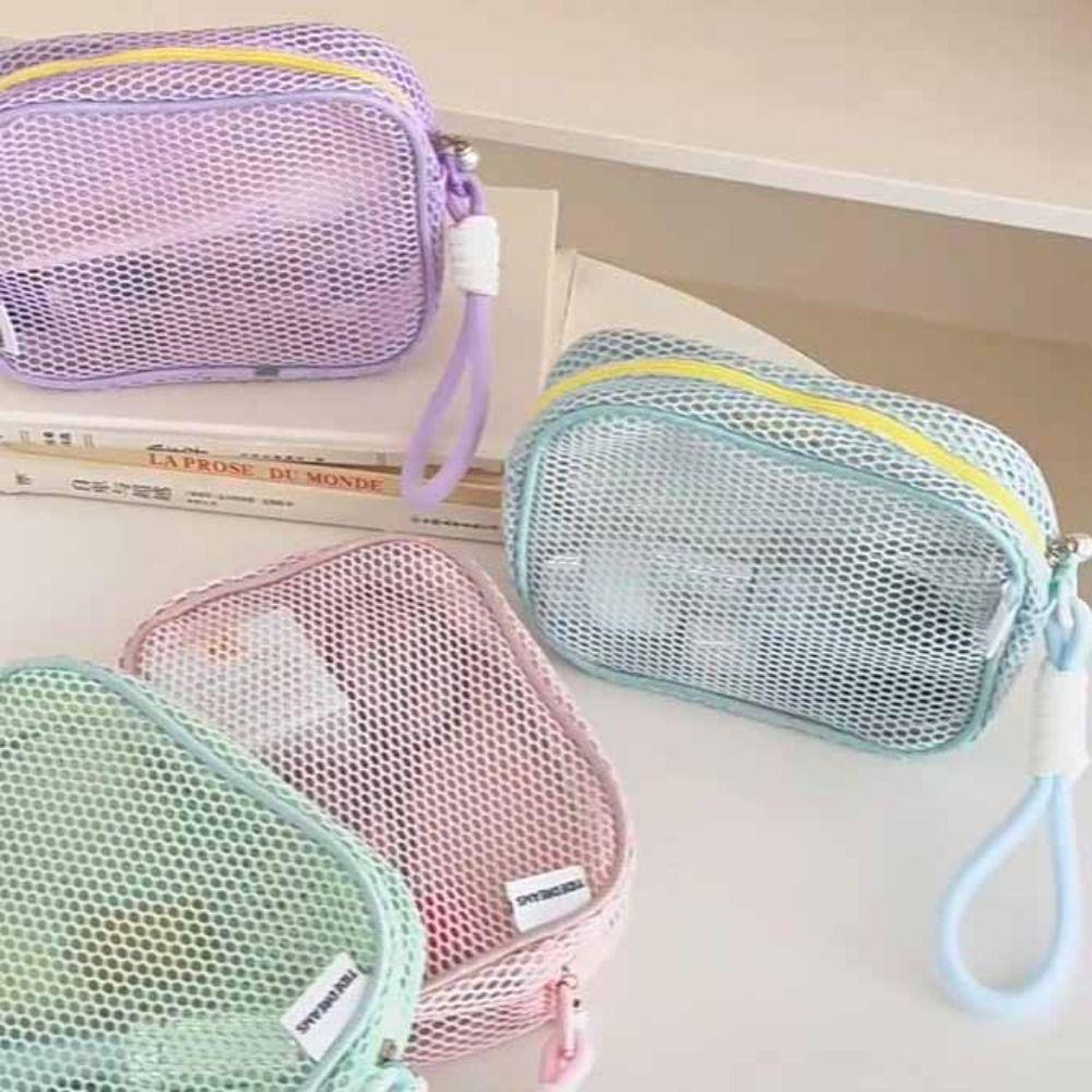Large Capacity Mesh Cosmetic Bag Solid Color Pillow Makeup Pouch Transparent Makeup Bag  Outdoor