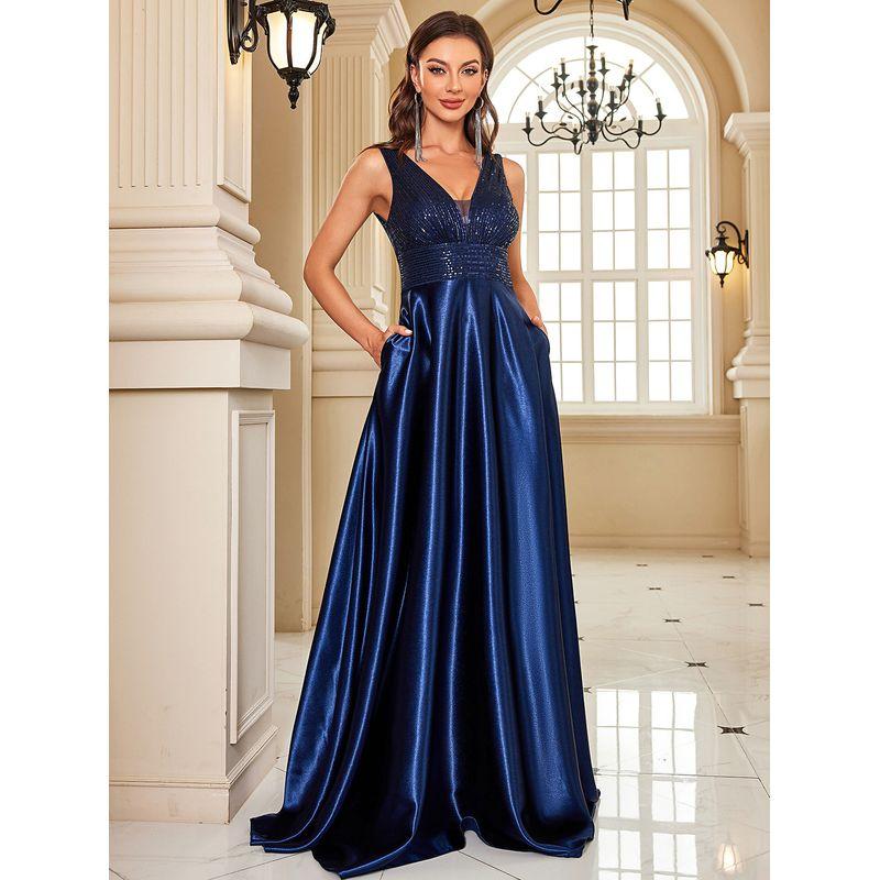 

New Style Plus-Size Deep V-Neck Dress, Sexy Long Dress, Sexy Backless Slim-Fit Mermaid Bridesmaid Banquet Evening Gown Navy Blue XL