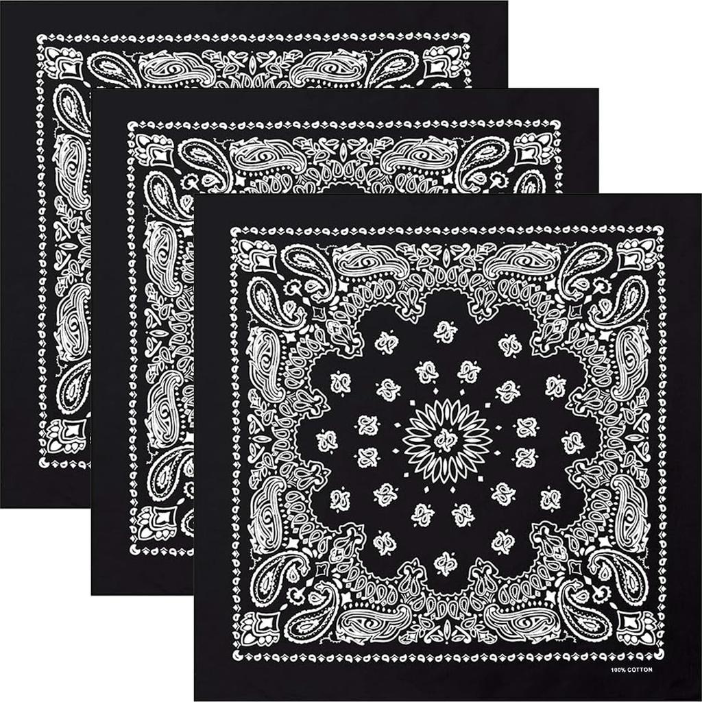 Kakatrend Bandana 100% Cotton Black Triangle Scarf Adults Men Paisley Stylish Handkerchief Cotton Bandana Unisex Durag Set of 3 Black 55cm X 55cm