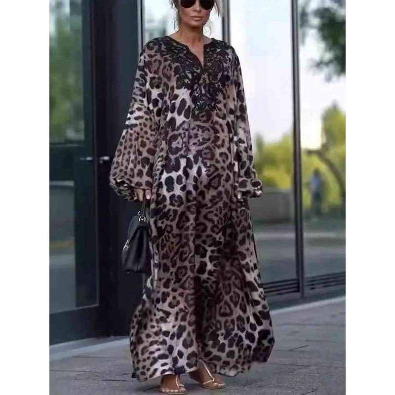 European and American Loose Leopard Print Long sleeve Plus size dresses Print Long Sleeve plus Size Dress