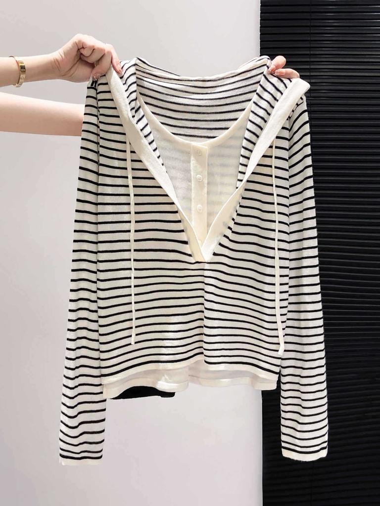 Hooded fake two-piece wool knitted sweater women's autumn and winter new niche contrasting stripes long-sleeved bottom top