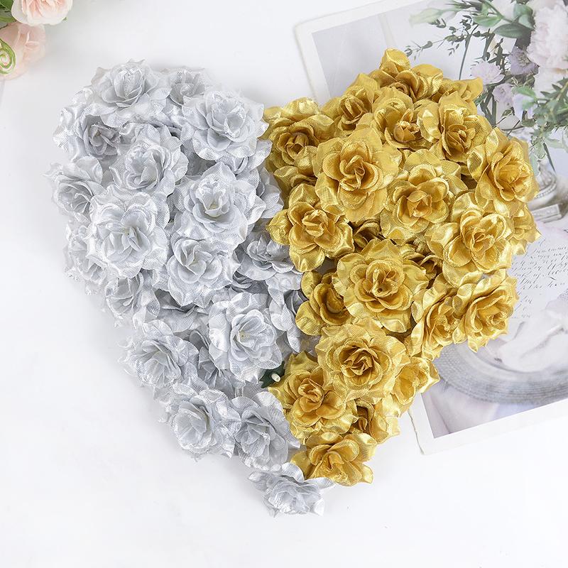 10Pcs Gold Silver Artificial Rose Silk Flower Head DIY Scrapbook Accessories Fake Flower Wedding Party Home Decoration