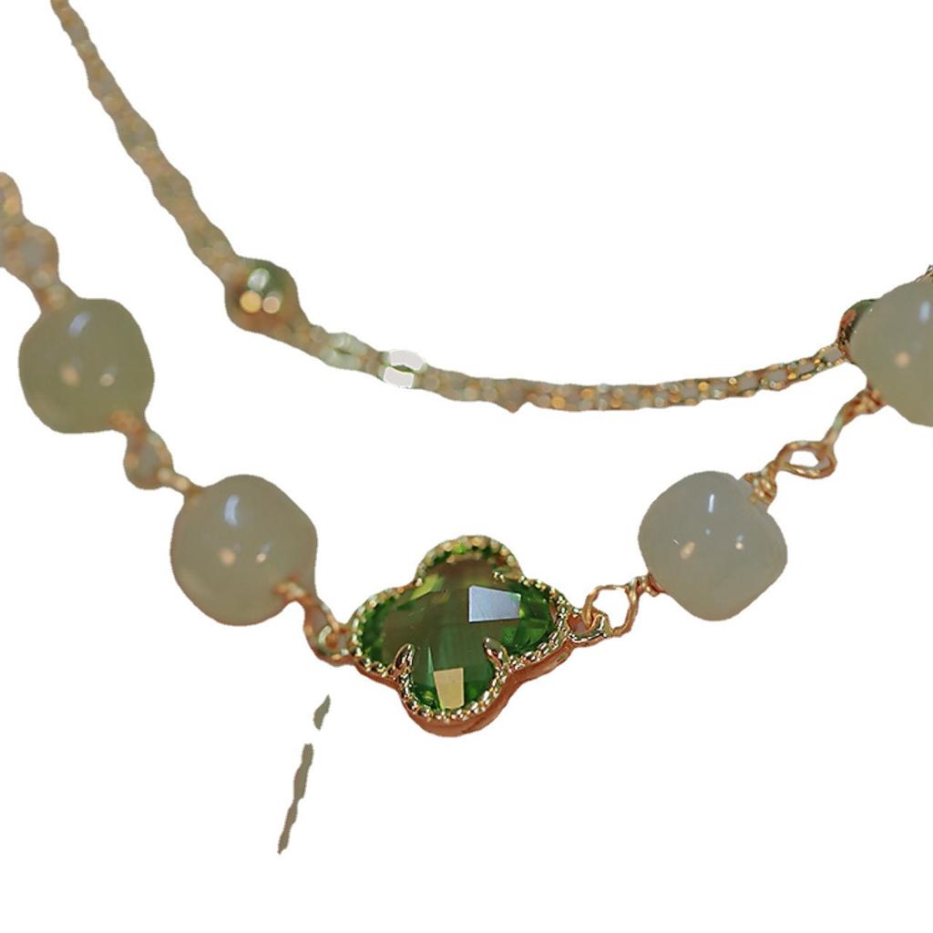 Hetian Jade Four-leaf Clover Double-layer Bracelet, Light Luxury, Flattering for the Complexion, New Lucky Design