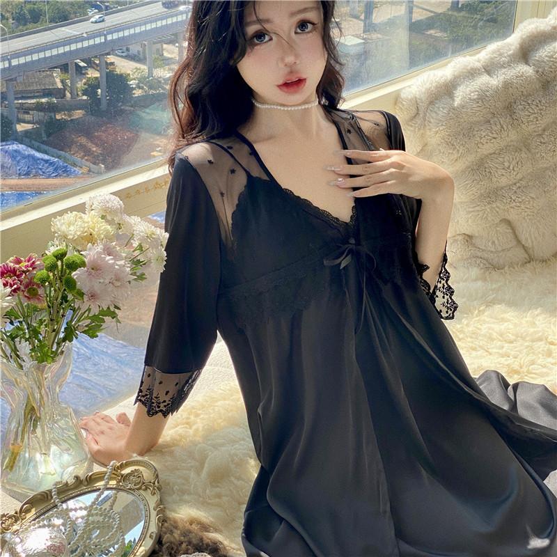 

Spring and summer new women s ice silk solid color suspender nightgown two-piece loungewear sexy lace mesh yarn xl 60-75kg чорний