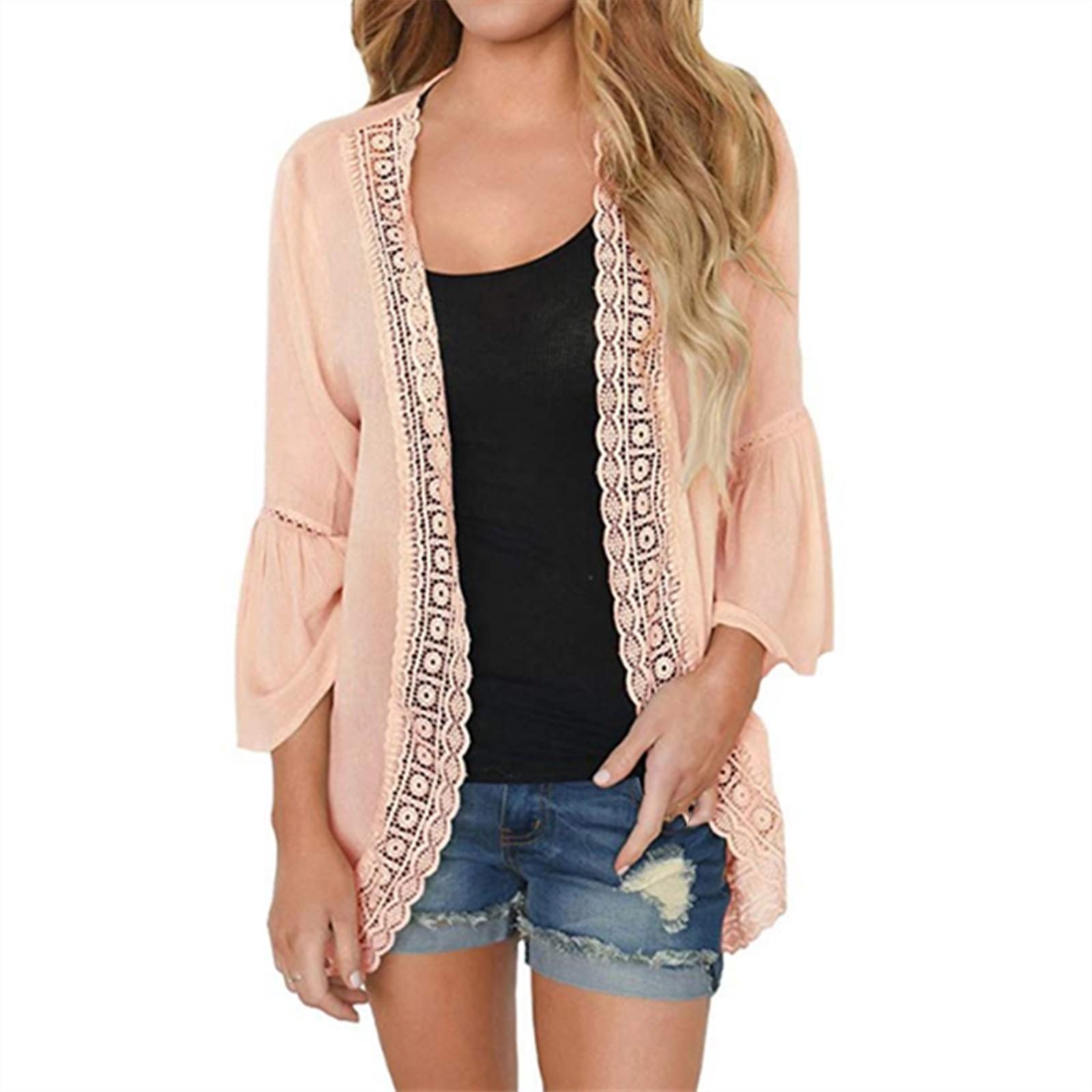 Womens Casual Lace Long Sleeve Chiffon Cardigan Loose Kimono Blouse Tops M розовый