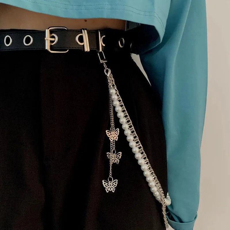 Stylish Transparent Heart Double Row Waist Belt Accessory For Denim Jeans And Outfits With Butterfly Pearl Decoration