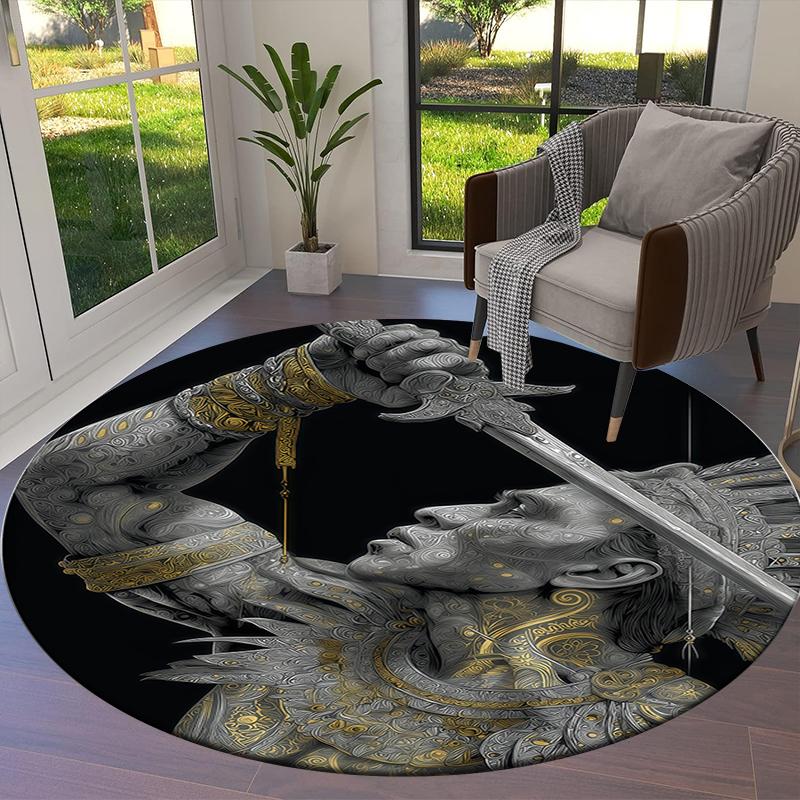 Retro Line Roman Warrior Round Area Rug,Carpet Rug for Living Room Bedroom Sofa Playroom Decor,Non-slip Floor Mat