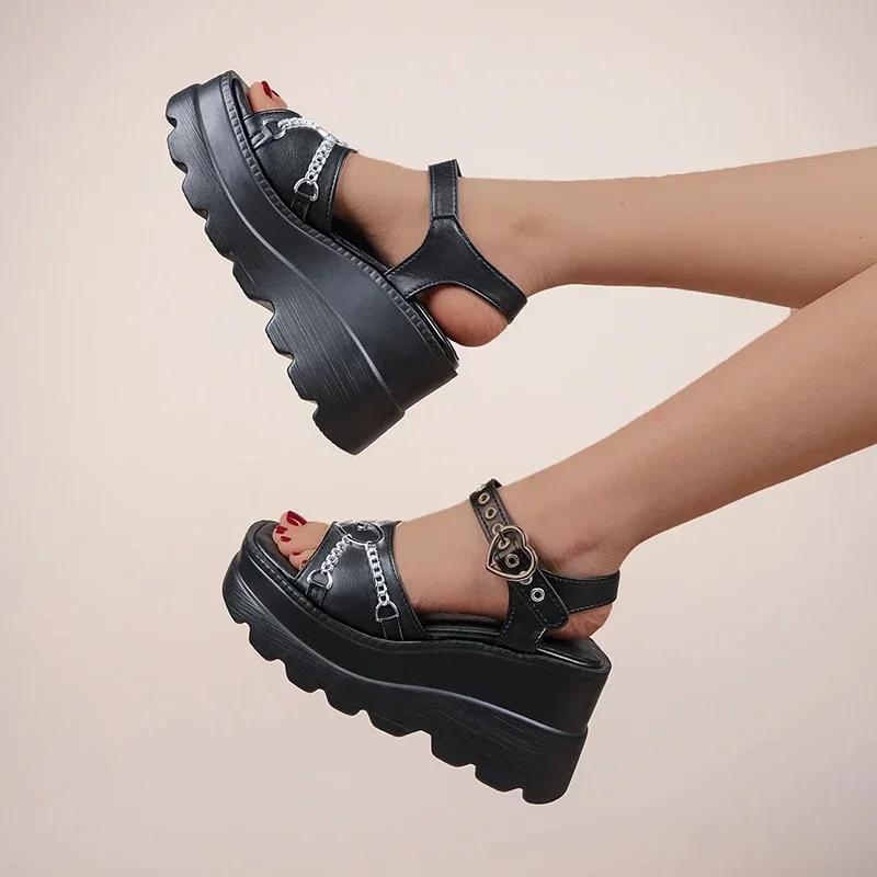 Fashion 35-43 Plus Size Fashion Slope Heel Women Sandals Metal Chain Decoration Female Buckle Platform Shoes Women's Sandals Tide Shoes