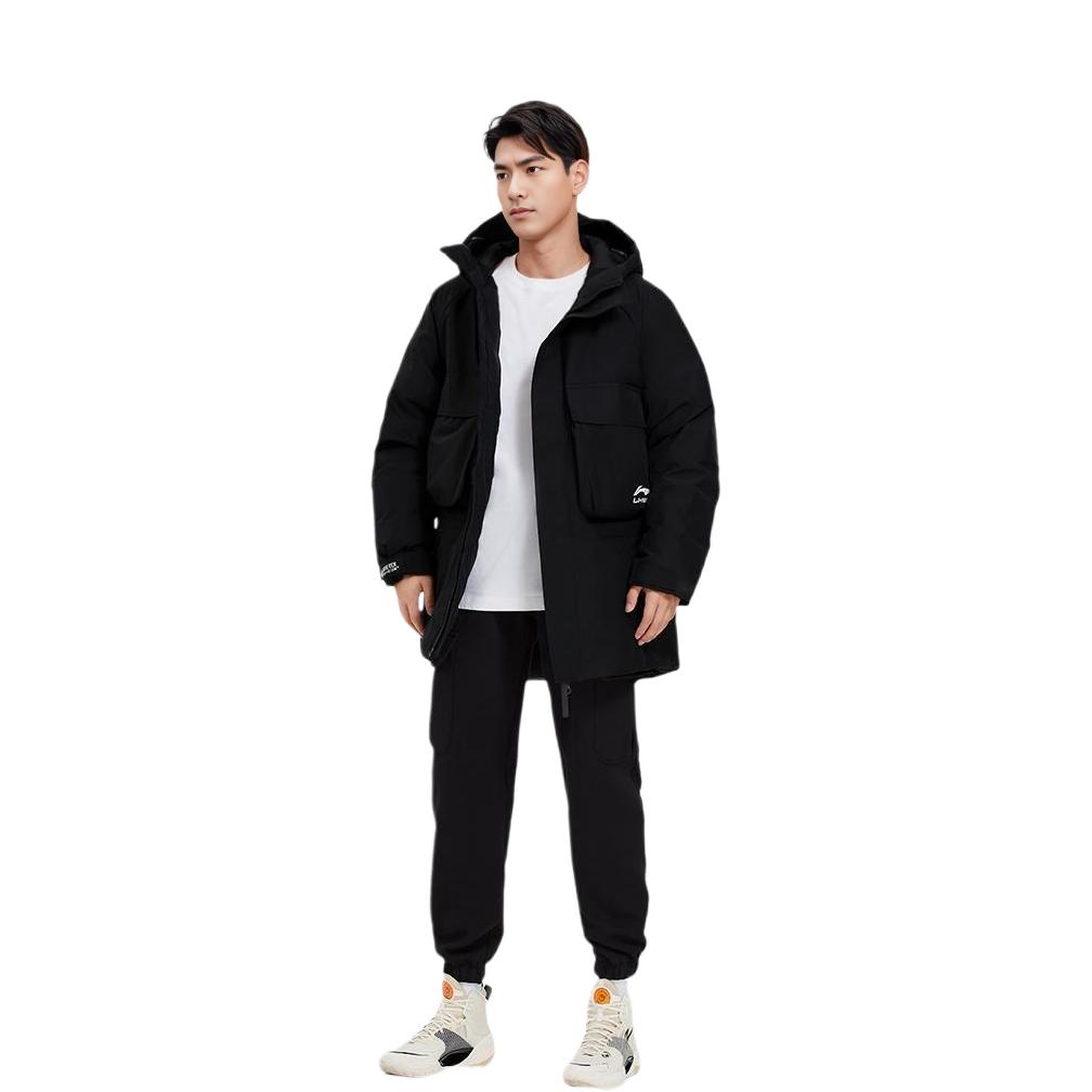 Li Ning Sports Basketball Collection Down Jackets Men's Black Hooded Moderate Quilted Down Jacket AYMS117-1