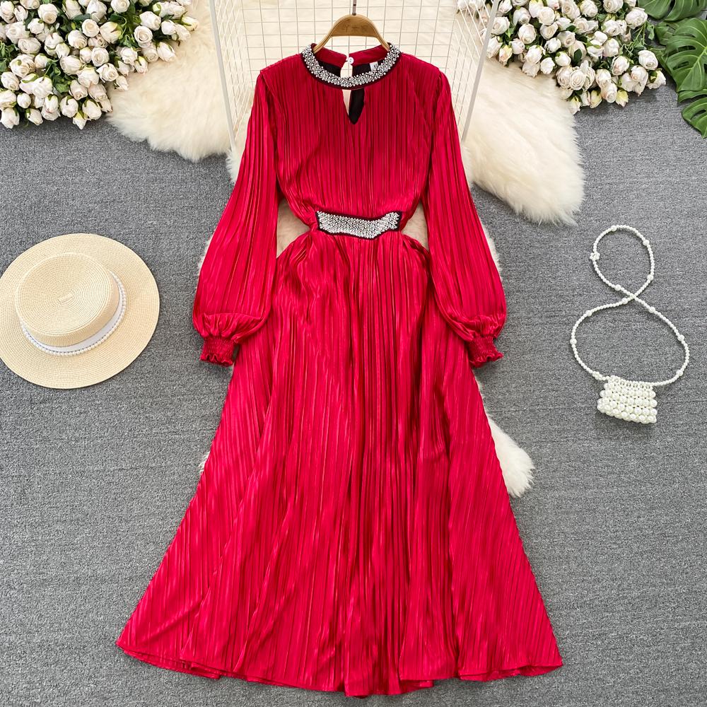 

Весна-літо Нові модні дизайнерські сукні для жінок з круглим вирізом і бісером, довгі плісировані вечірні повсякденні святкові сукні Y2k One Size червоний