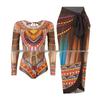 Women's Two-Piece Long-Sleeve Mesh Swimsuit with Sun Protection & Skirt