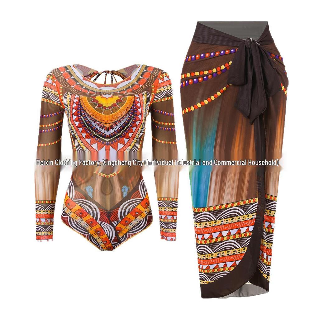 Women's Two-Piece Long-Sleeve Mesh Swimsuit with Sun Protection & Skirt